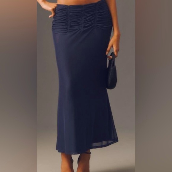 Anthropologie Maeve Navy Blue Ruched Pull On Maxi Skirt - Size Small